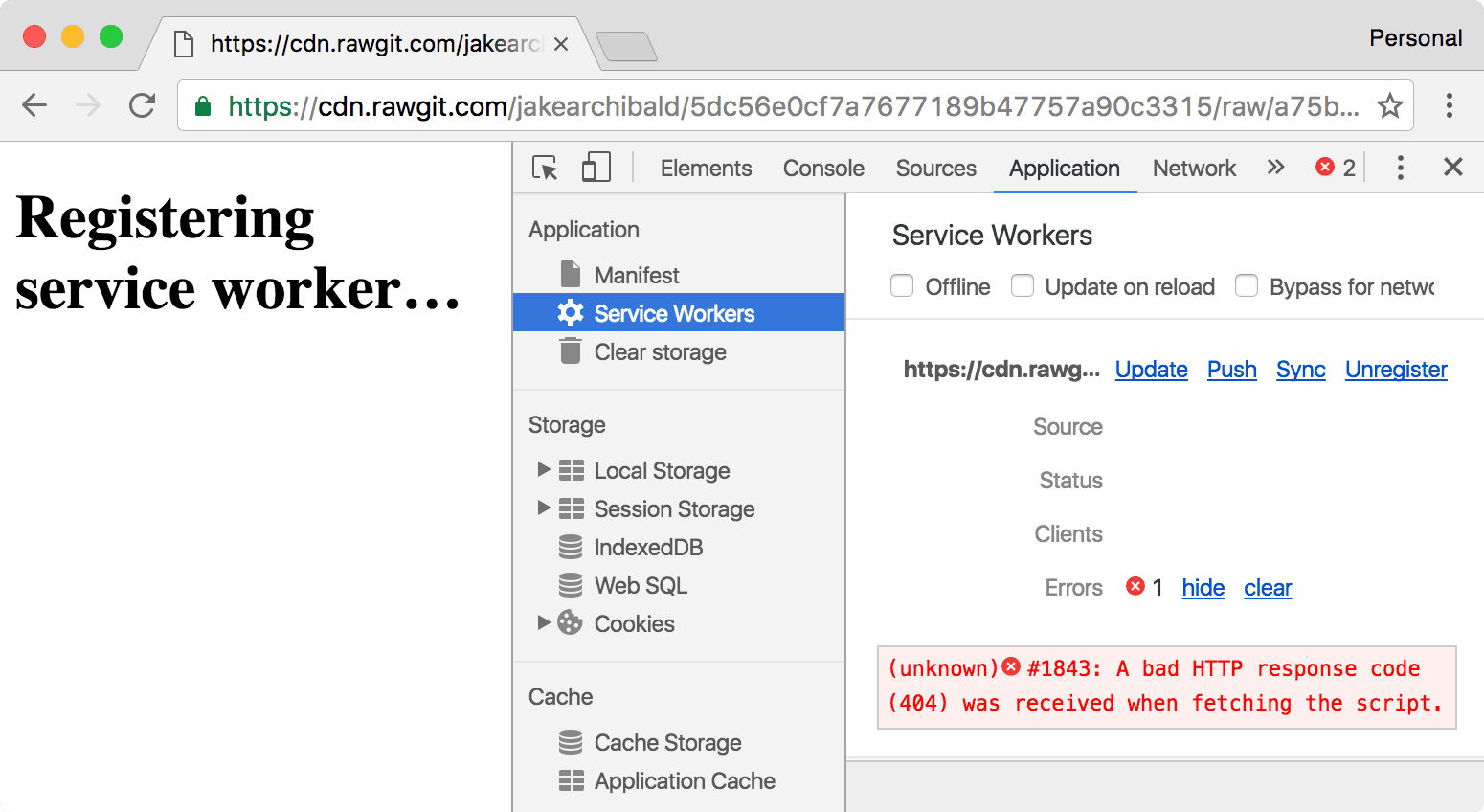 Erro exibido na guia do service worker no DevTools