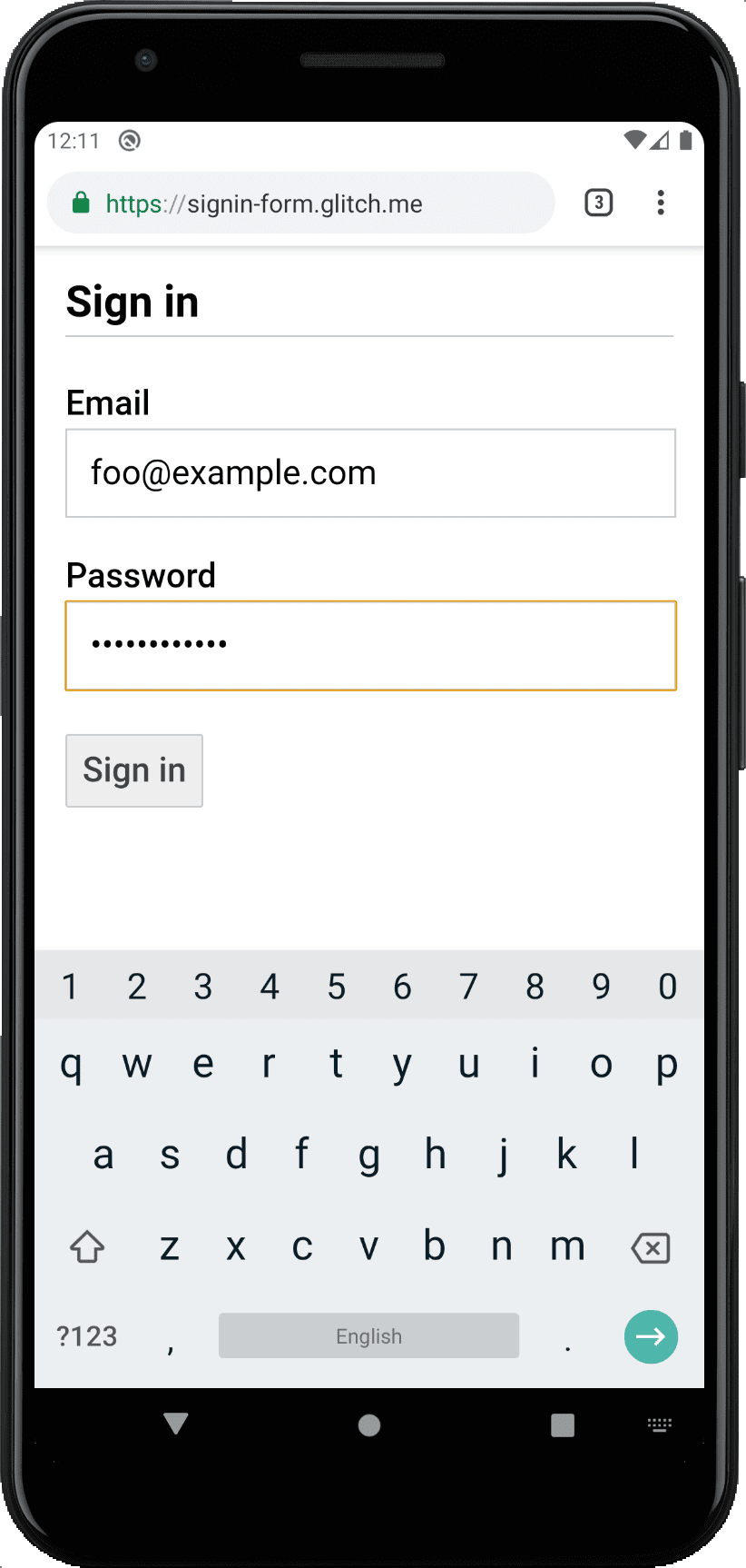 Captura de pantalla de un formulario con estilo en Chrome para Android