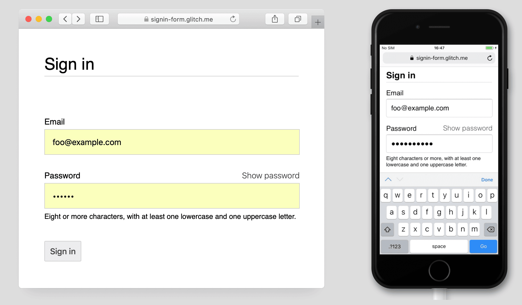 Capturas de pantalla del formulario de inicio de sesión con el 'botón' de texto Mostrar la contraseña, en Safari para Mac y para iPhone 7.