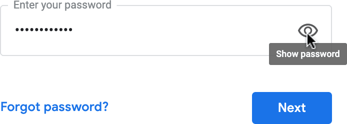 Google sign-in form showing Show password icon.