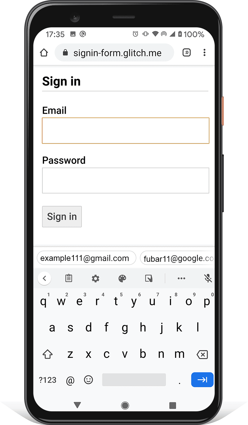 A sign-in form on an Android phone: the Sign in button is not obscured by the phone keyboard.