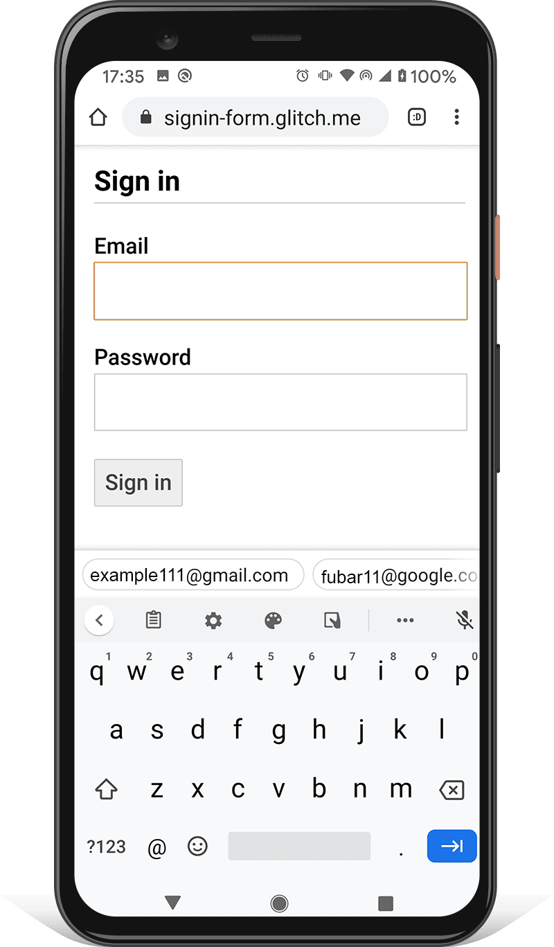 Screenshot of a sign-in form on an Android phone: the Sign in button is not obscured by the phone keyboard.