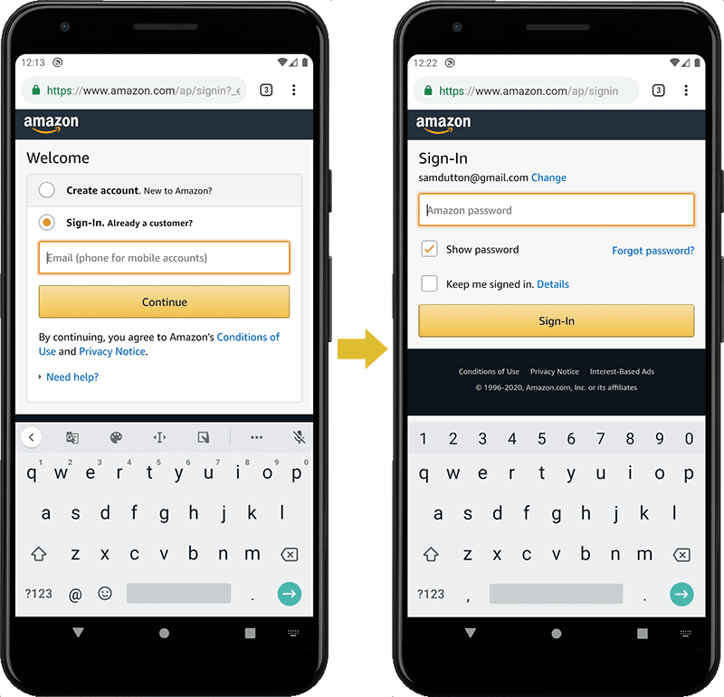 لقطة شاشة لنموذج تسجيل الدخول على موقع Amazon الإلكتروني: البريد الإلكتروني/الهاتف وكلمة المرور على &quot;صفحتَين&quot; منفصلتَين.