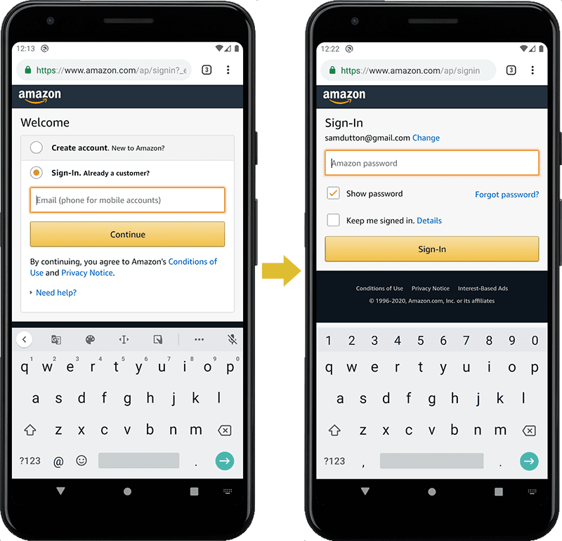 Formularz logowania na stronie Amazon: adres e-mail lub numer telefonu i hasło na 2 osobnych „stronach”.
