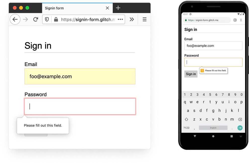 桌面版 Firefox 和 Android 版 Chrome 的屏幕截图，显示了针对缺少数据的提示“请填写此字段”。