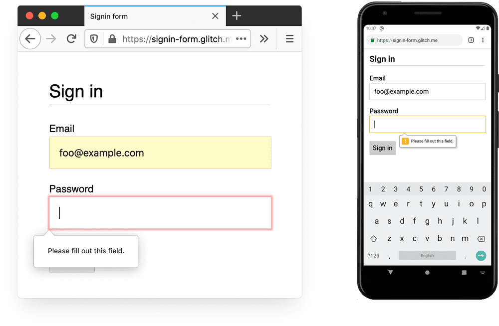 Captura de pantalla de Firefox y Chrome para computadoras de escritorio y Android que muestra el mensaje &quot;Completa este campo&quot; para los datos faltantes.