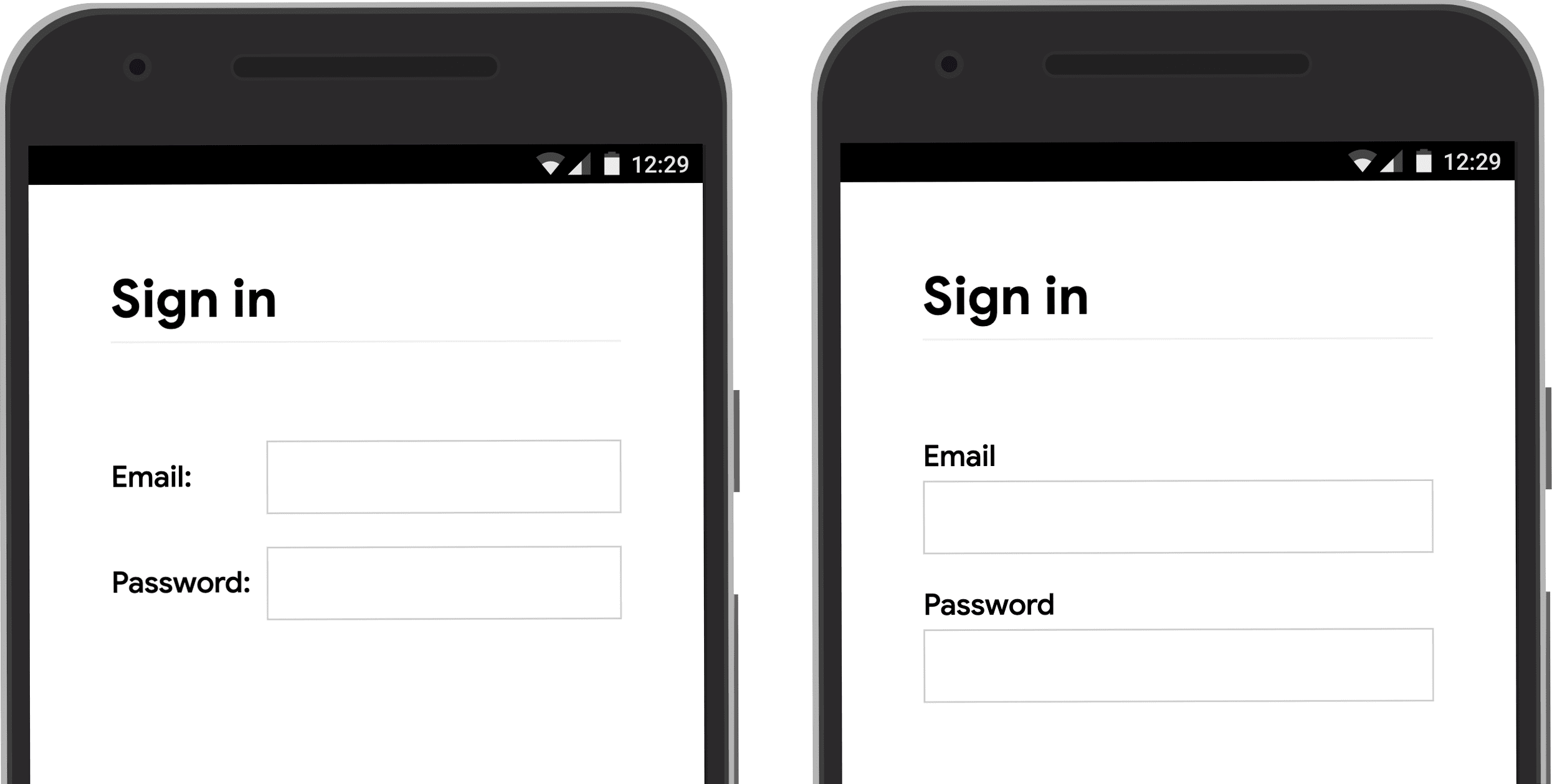 Zrzut ekranu przedstawiający pozycję etykiety wprowadzania danych na urządzeniu mobilnym: obok danych wejściowych i powyżej.