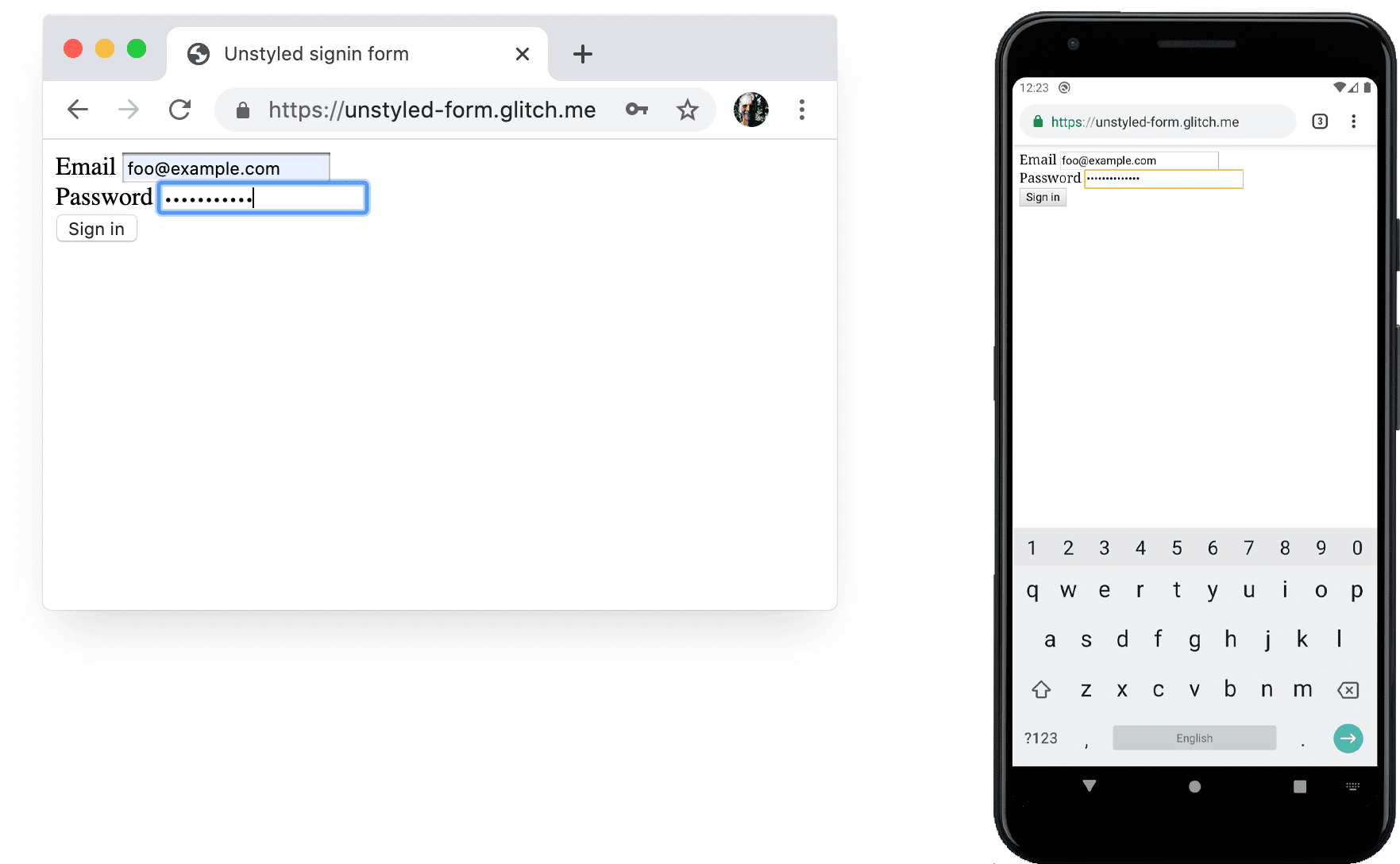 パソコン版と Android 版の Chrome のスタイル設定されていないフォームのスクリーンショット。