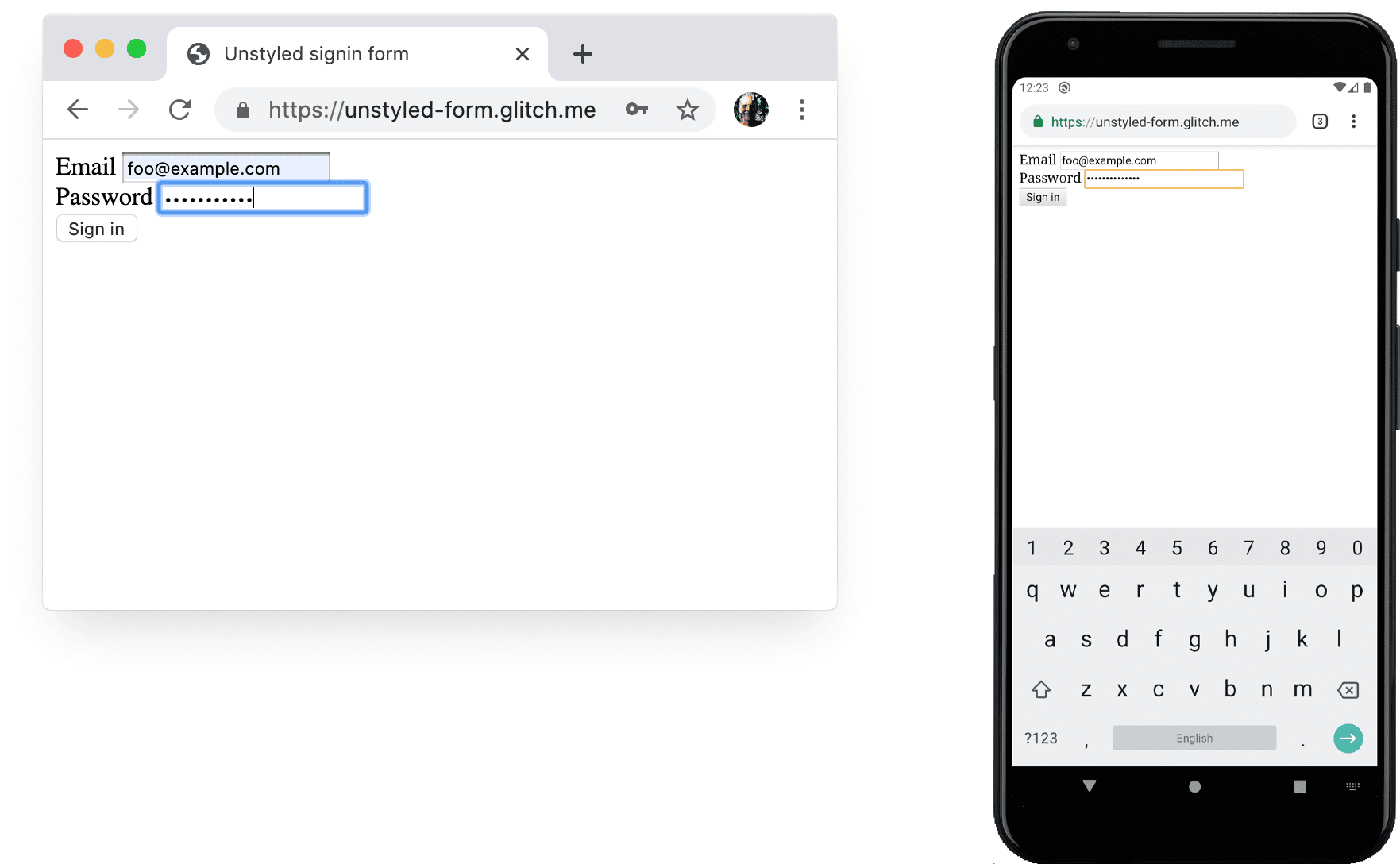 桌面设备和 Android 版 Chrome 中未设定样式的表单的屏幕截图。