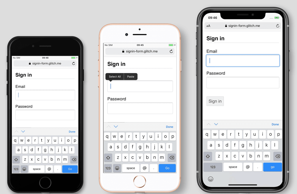 Captures d&#39;écran d&#39;un formulaire de connexion sur iPhone 7, 8 et 11. Sur iPhone 7 et iPhone 8, le bouton &quot;Connexion&quot; est masqué par le clavier du téléphone, mais pas sur l&#39;iPhone 11.