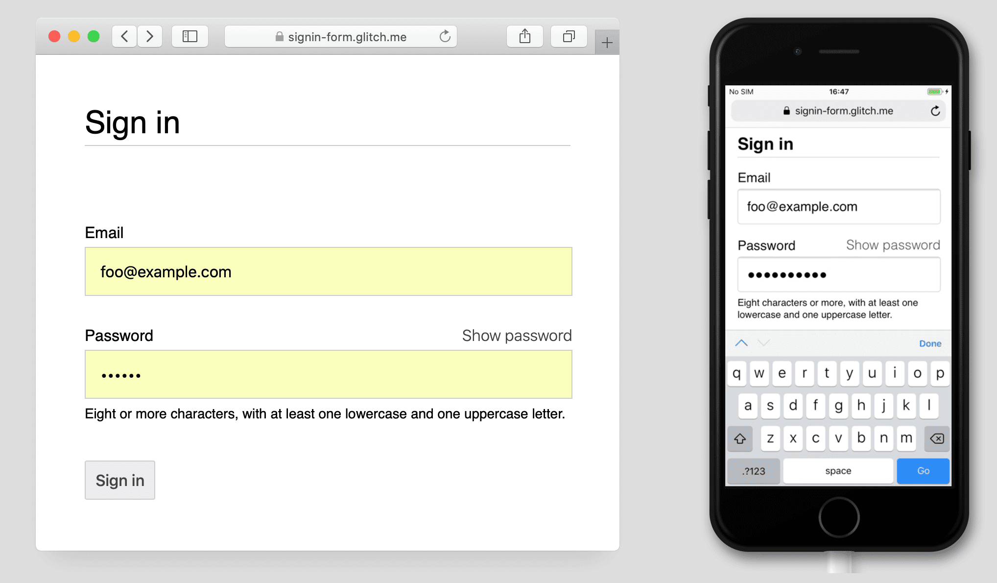 Screenshots des Anmeldeformulars mit der Schaltfläche „Passwort anzeigen“ in Safari auf einem Mac und auf einem iPhone 7