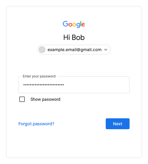 [パスワードを表示] 切り替えボタンと [パスワードを忘れた場合] リンクが表示されている Google ログイン フォーム。