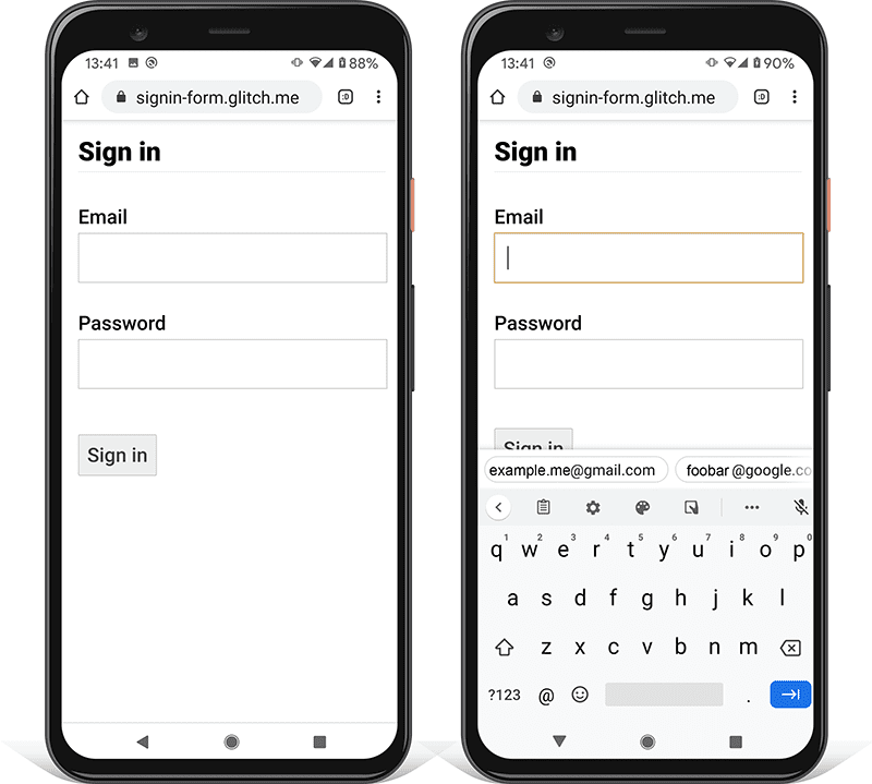 Dua screenshot formulir login di ponsel Android: satu screenshot menunjukkan bagaimana tombol Kirim dikaburkan oleh keyboard ponsel.