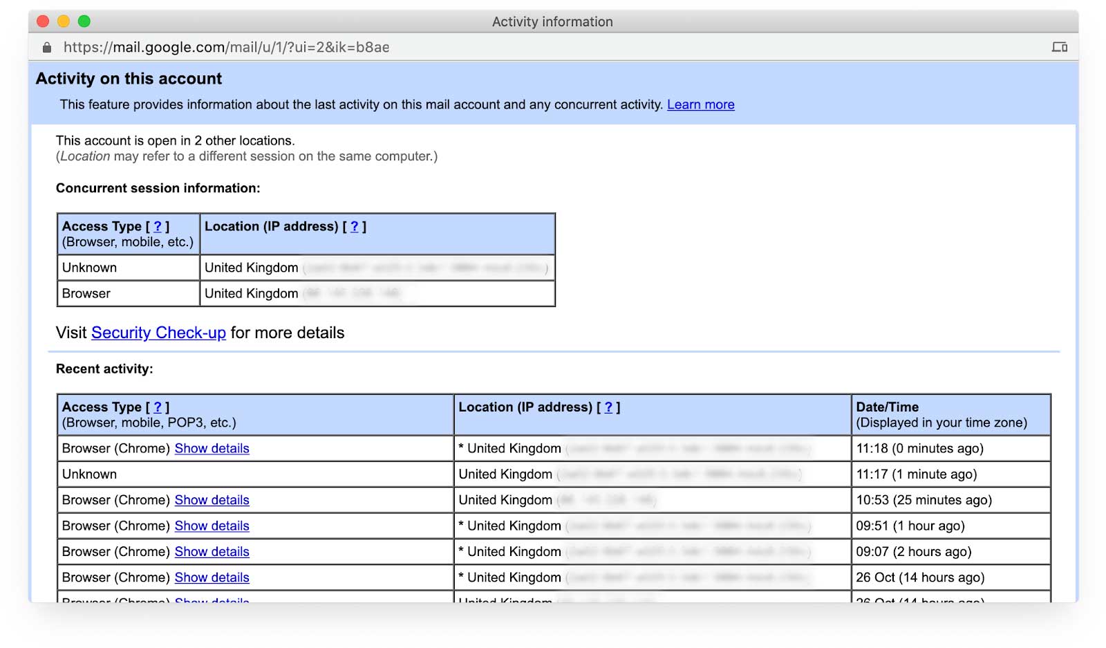 Page &quot;Activité du compte Gmail&quot;