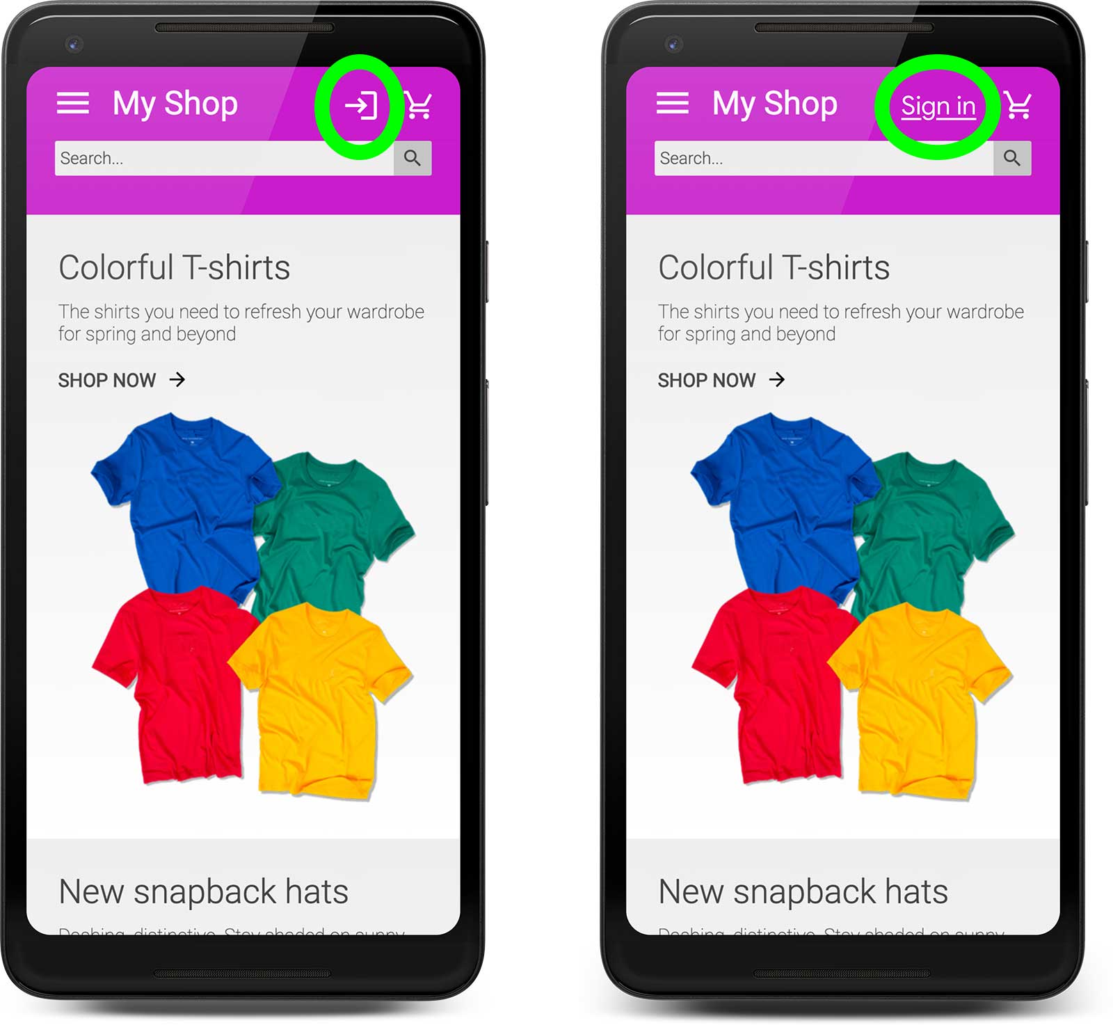 Два снимка экрана макета веб-сайта электронной торговли, просмотренного на телефоне Android. Тот, что слева, использует значок ссылки для входа, который несколько двусмысленен; тот, что справа, просто говорит: «Войти»