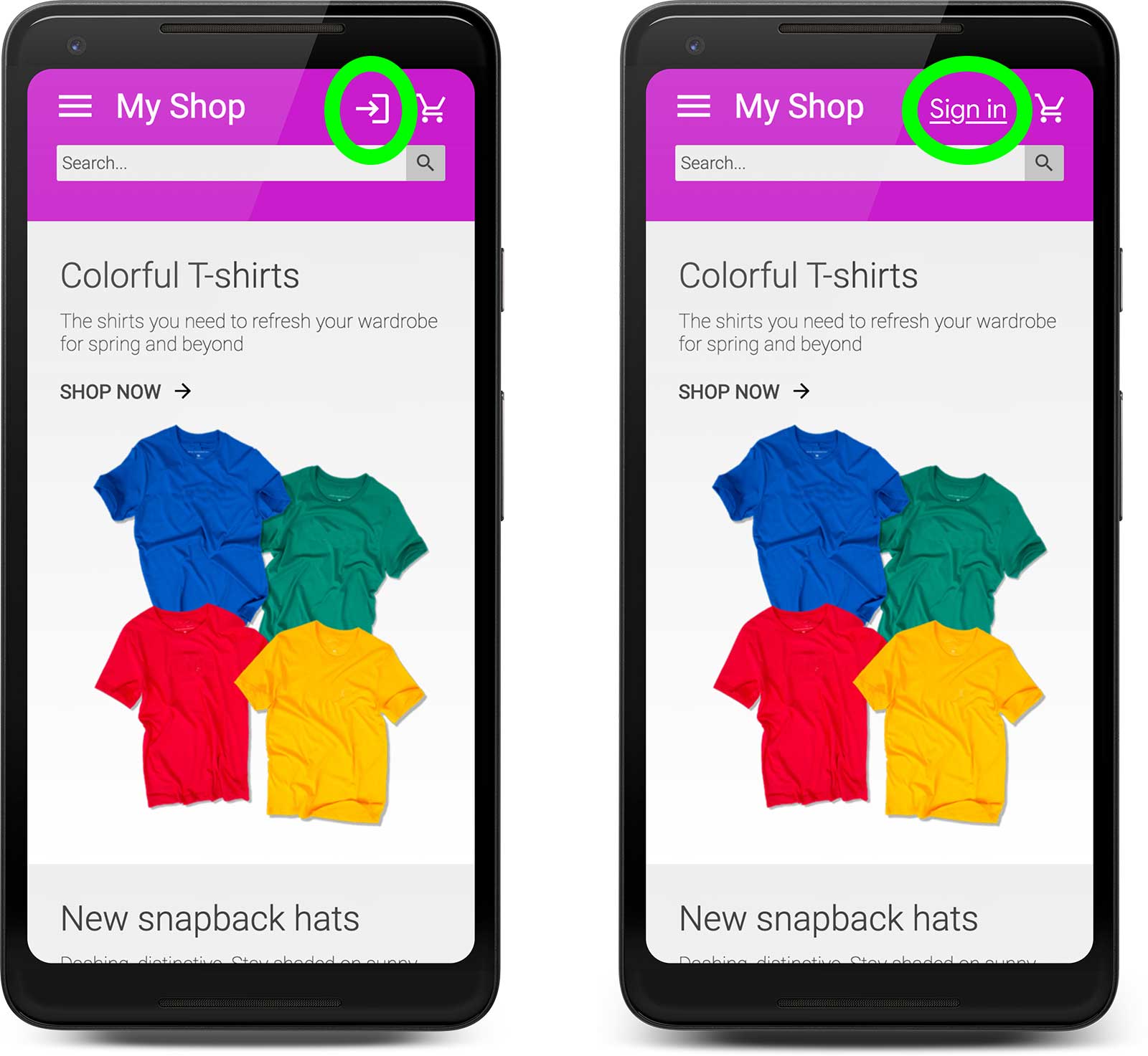 兩張 Android 手機螢幕截圖，顯示模擬電子商務網站。左側的登入連結使用有點含糊的圖示，右側的登入連結則直接顯示「登入」