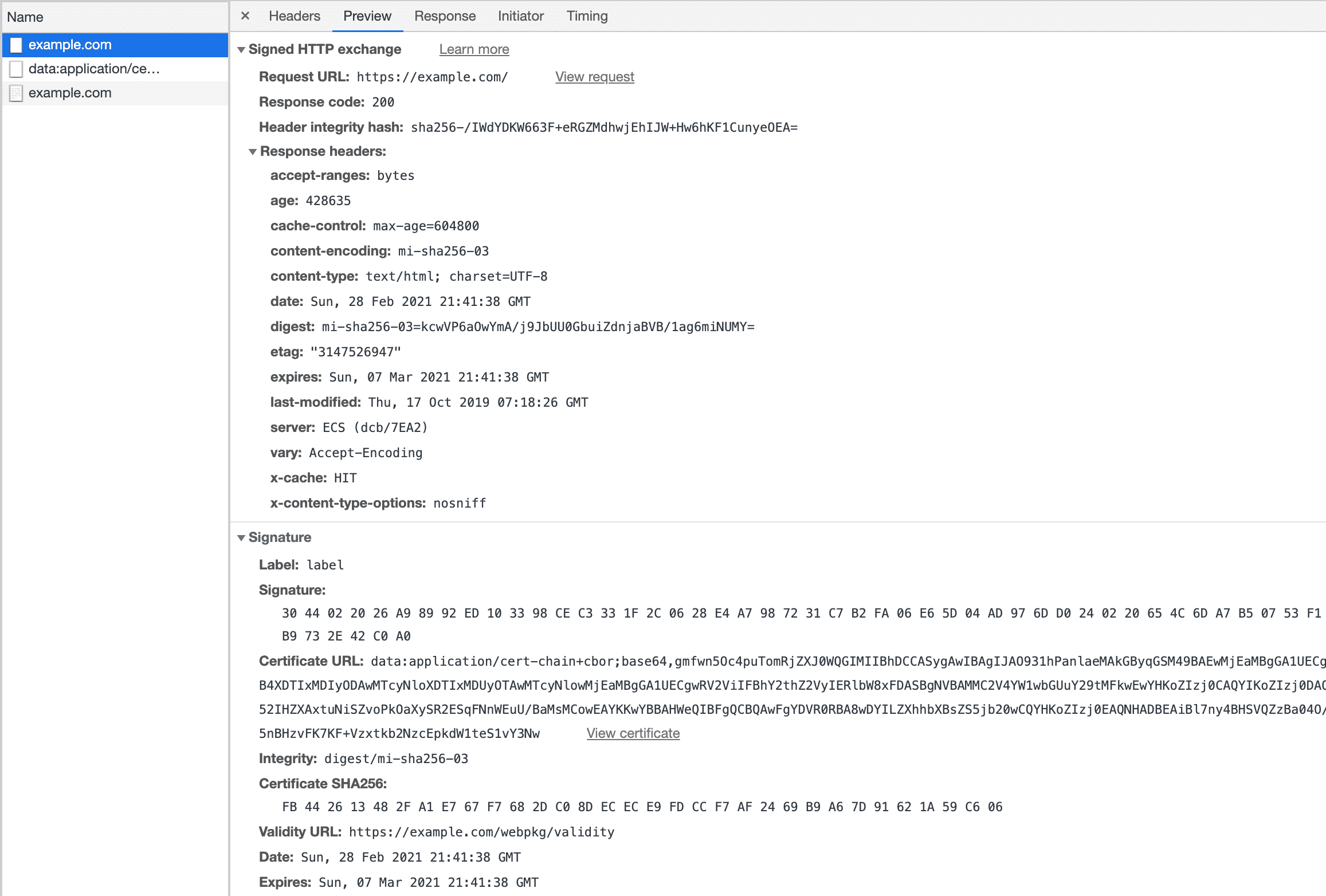 لقطة شاشة لعلامة التبويب "المعاينة" تعرِض ملف SXG
