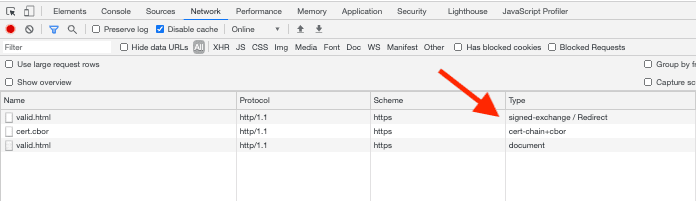 DevTools의 '네트워크' 패널 내에 SXG 요청을 보여주는 스크린샷