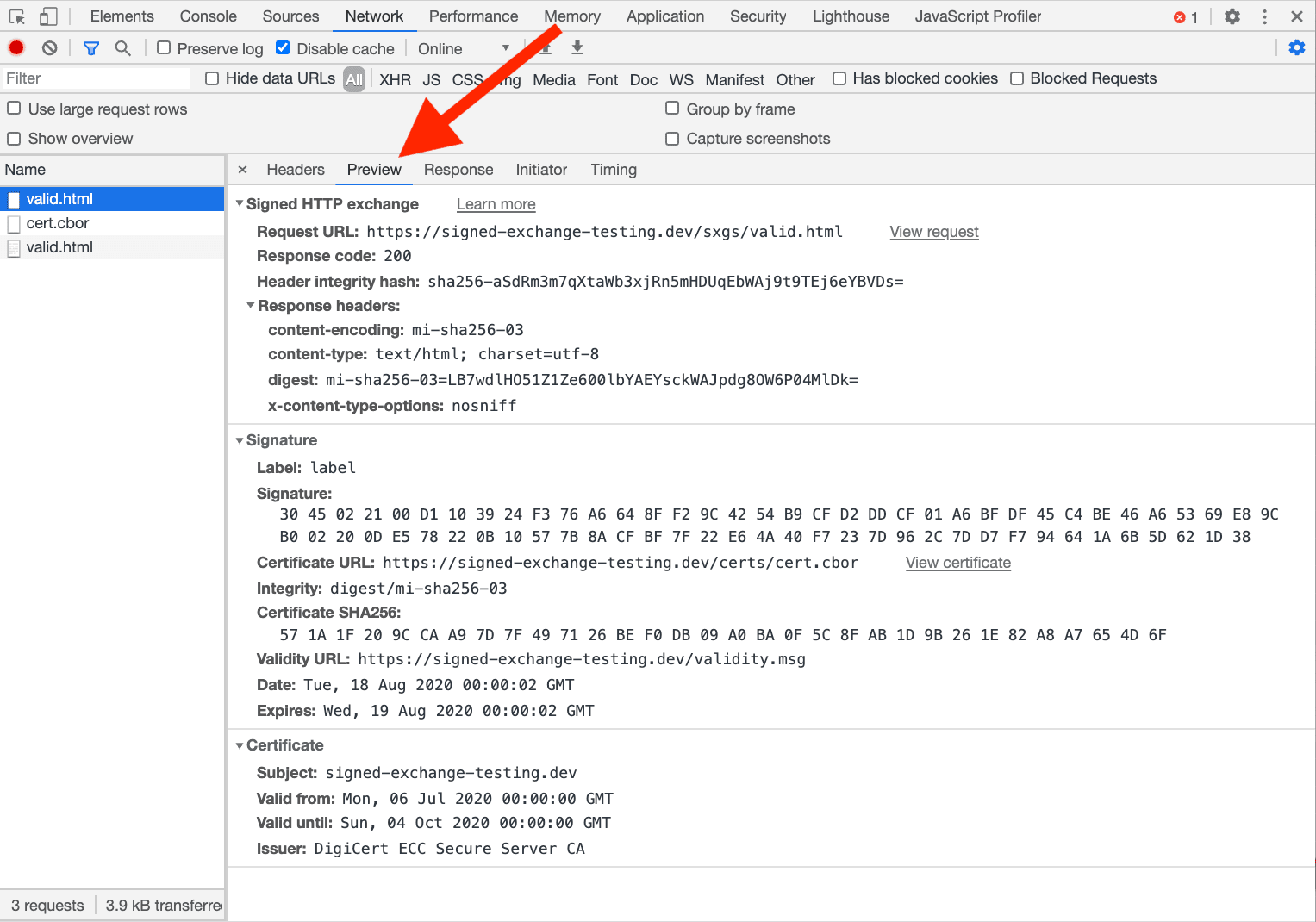 ภาพหน้าจอของแท็บ "แสดงตัวอย่าง" สำหรับ SXG
