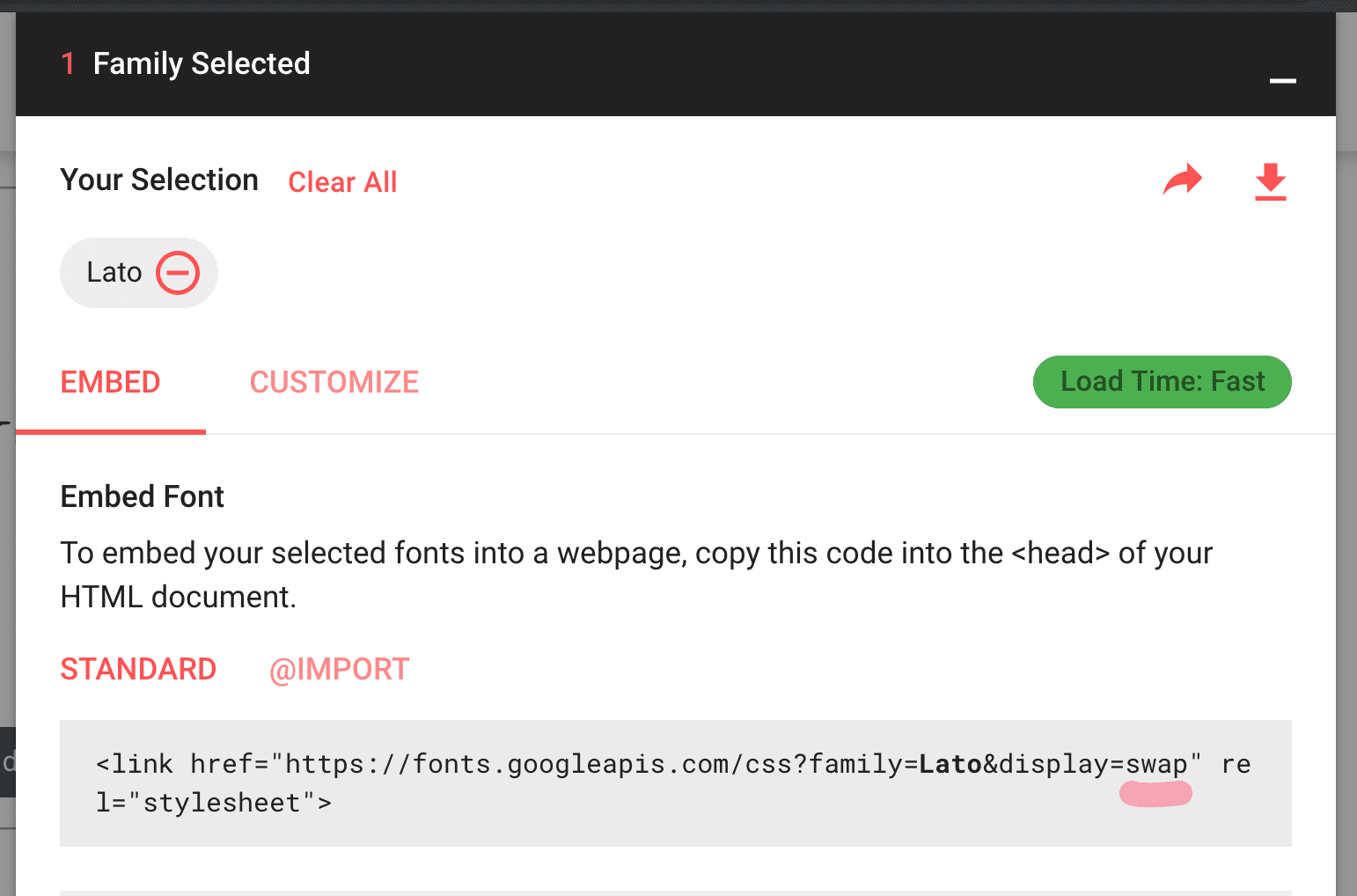 Google Fonts embed code with font-display included in the URL as a query-parameter