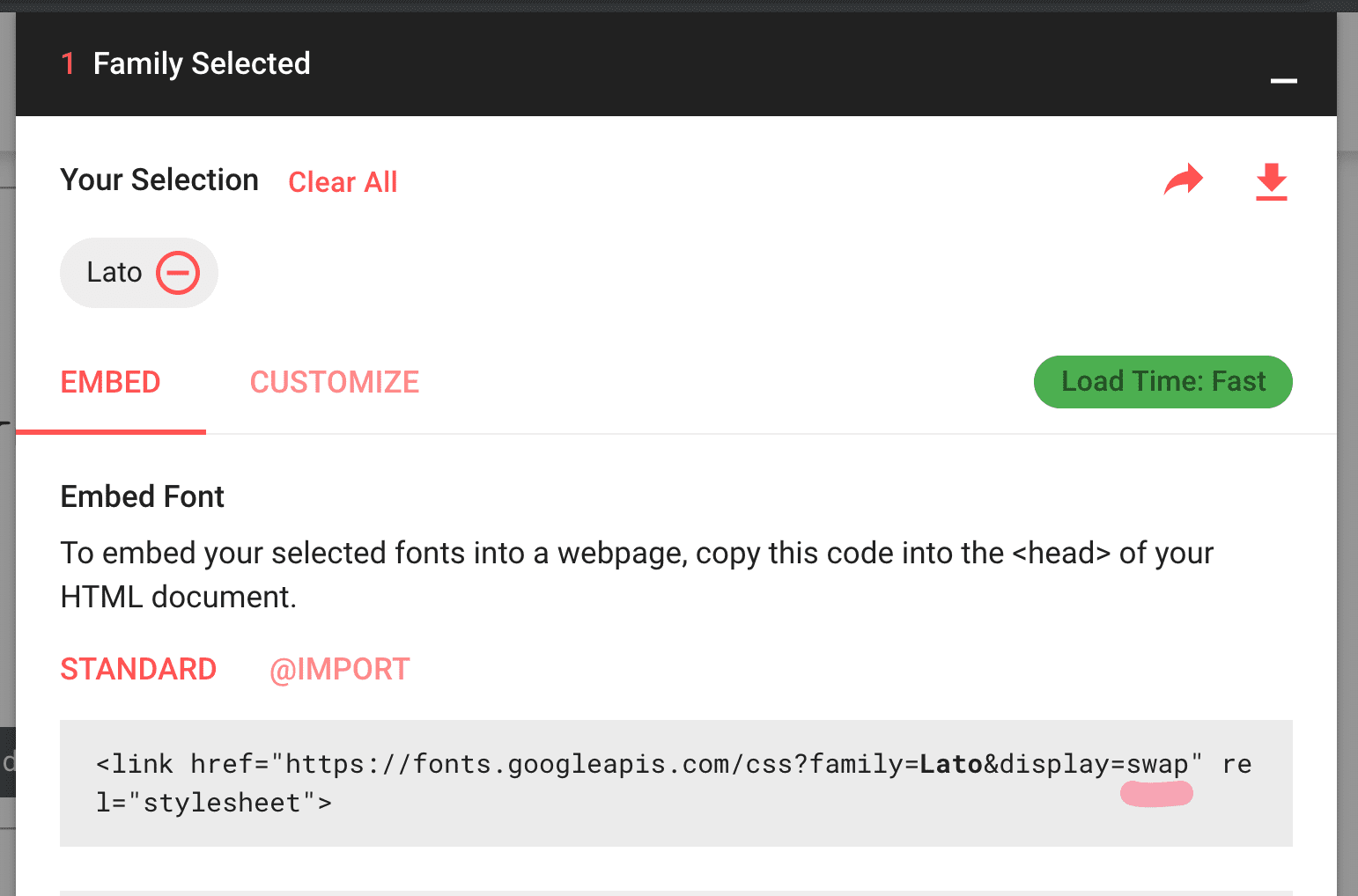 Código de incorporación de Google Fonts con font-display incluido en la URL como parámetro de consulta