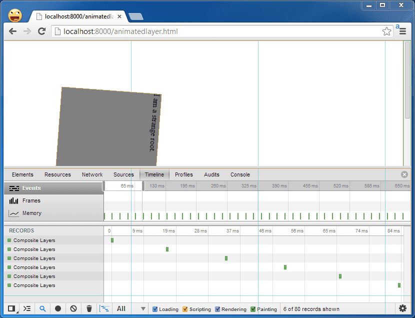 Captura de tela da linha do tempo das Ferramentas para desenvolvedores durante a animação