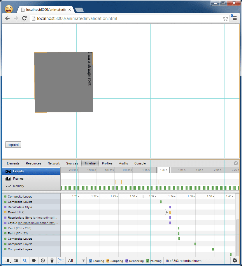 Screenshot der Zeitachse der Entwicklertools mit der Darstellung einer Ebene