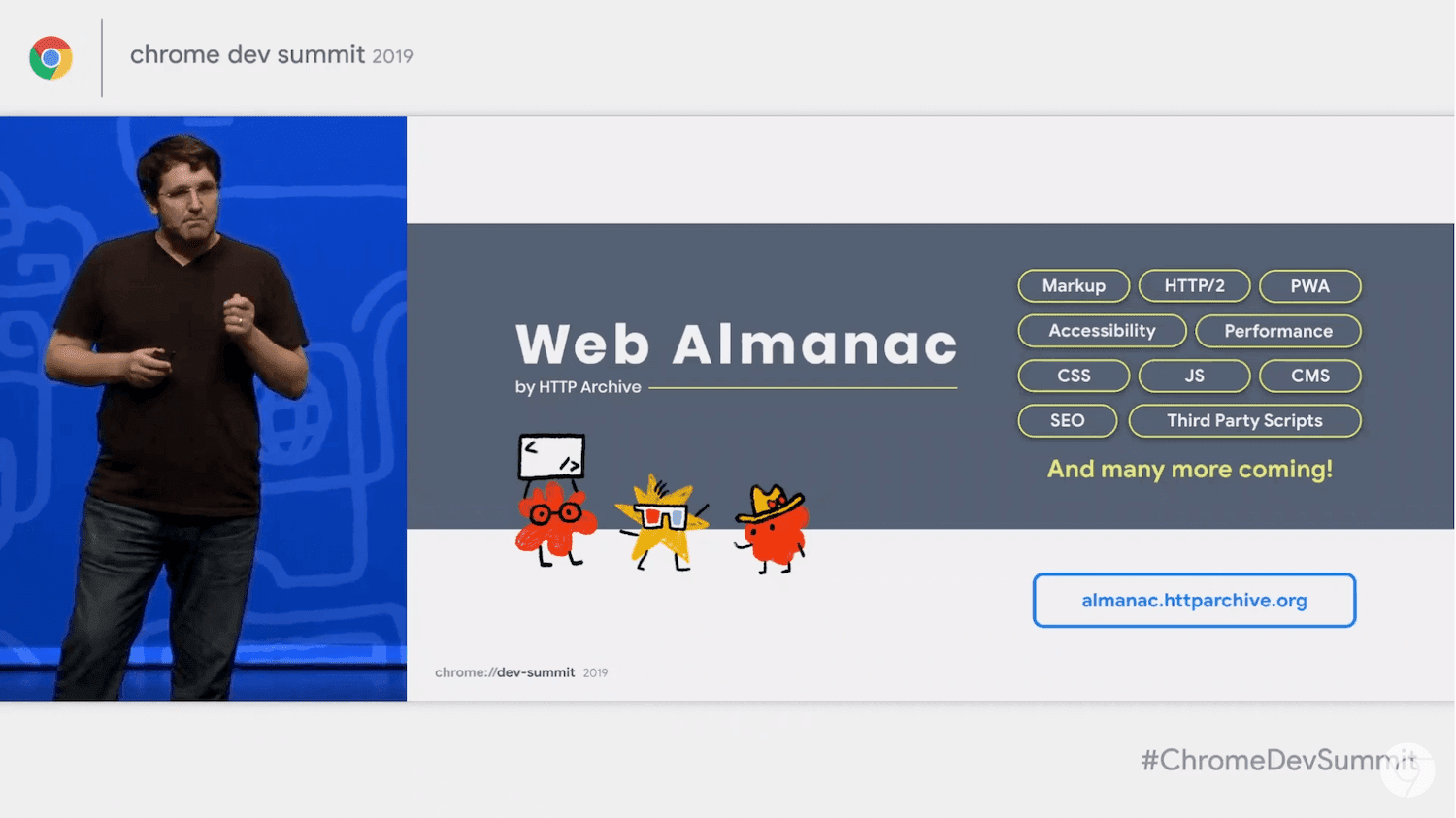 Dion Almaer apresentando o Web Almanac no CDS 2019.