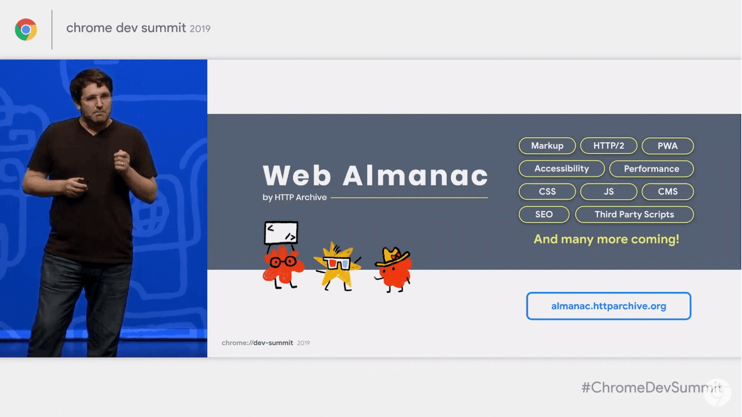Dion Almaer در حال ارائه Web Almanac در CDS 2019.