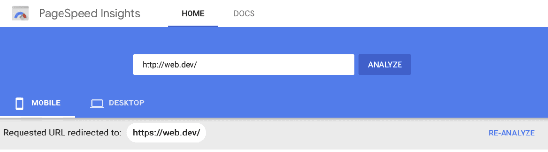 Interface utilisateur PSI montrant la redirection d&#39;URL et le bouton &quot;Réanalyser&quot;