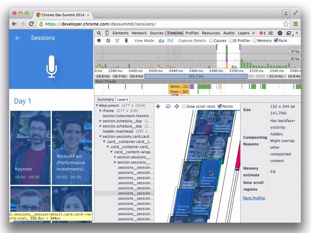 Visualização de camadas no Chrome DevTools.