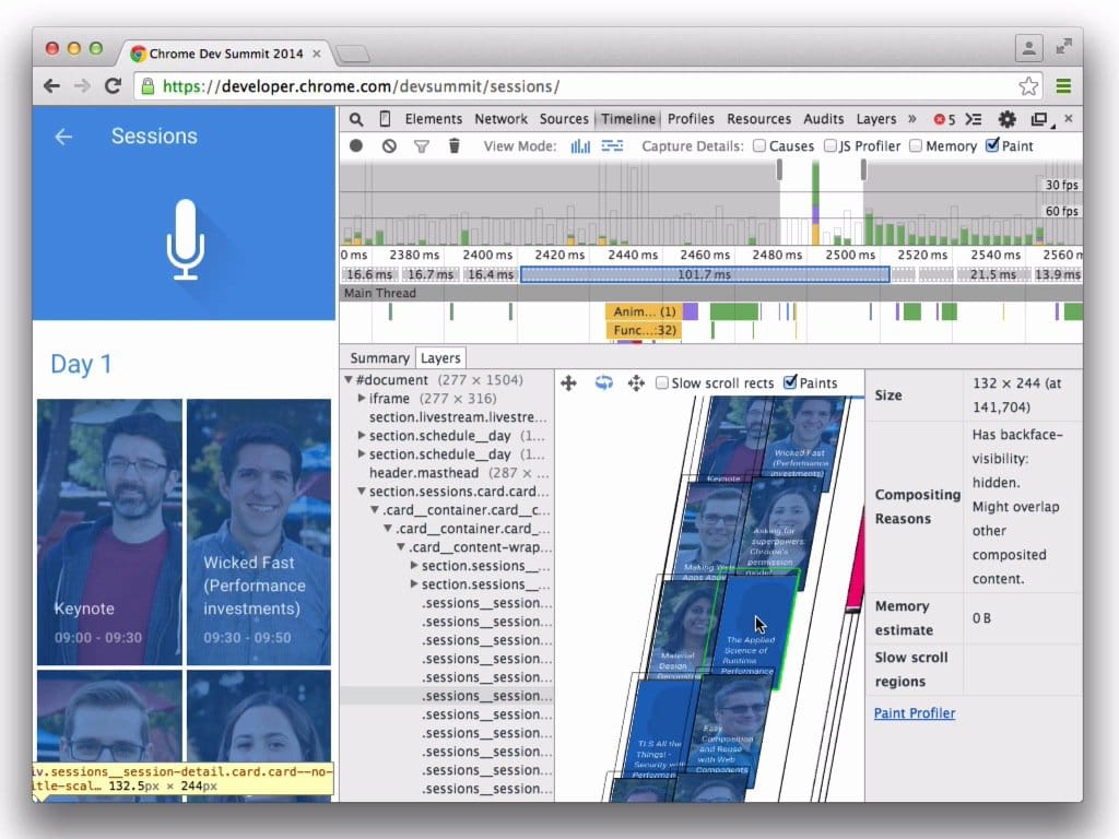 Chrome 開發人員工具的圖層檢視畫面。