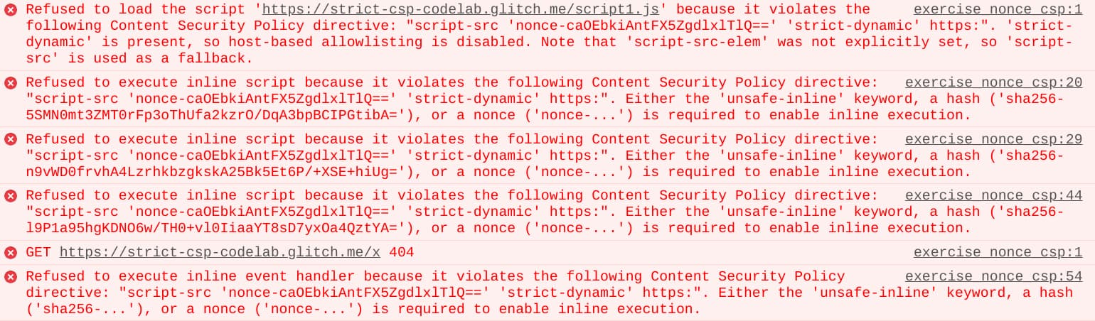 Chrome デベロッパー コンソールの CSP 違反レポート。
