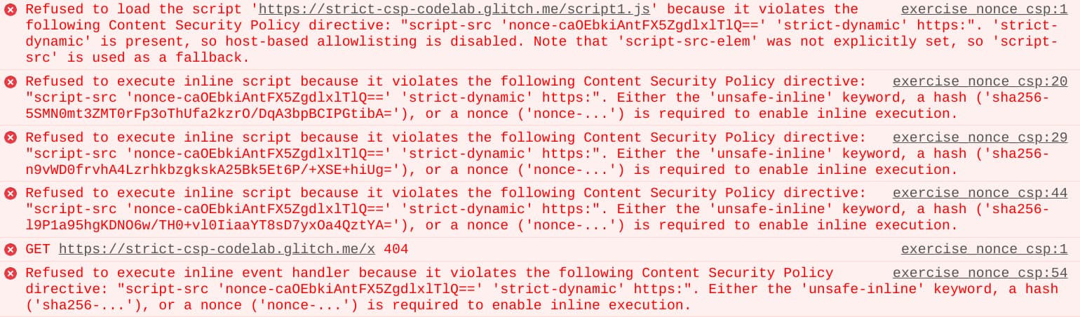 Informes de infracción de CSP en la consola de desarrollador de Chrome.