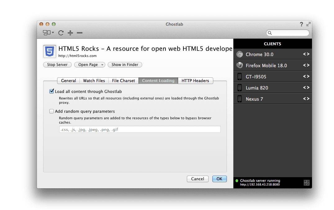 Ghostlab can rewrite URLs so all resources are loaded through the Ghostlab proxy. Useful for synchronizing navigations to multiple pages