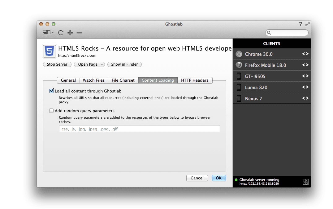 Ghostlab kann URLs umschreiben, sodass alle Ressourcen über den Ghostlab-Proxy geladen werden. Nützlich, um Navigationen auf mehreren Seiten zu synchronisieren