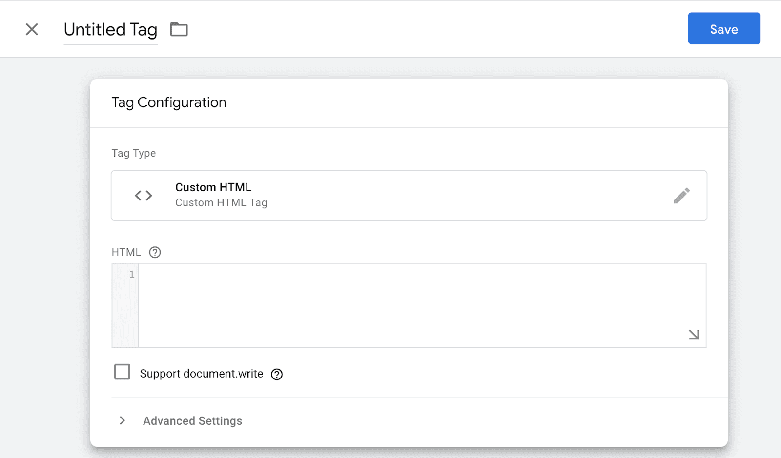 Capture d&#39;écran de la création d&#39;une balise personnalisée dans Google Tag Manager