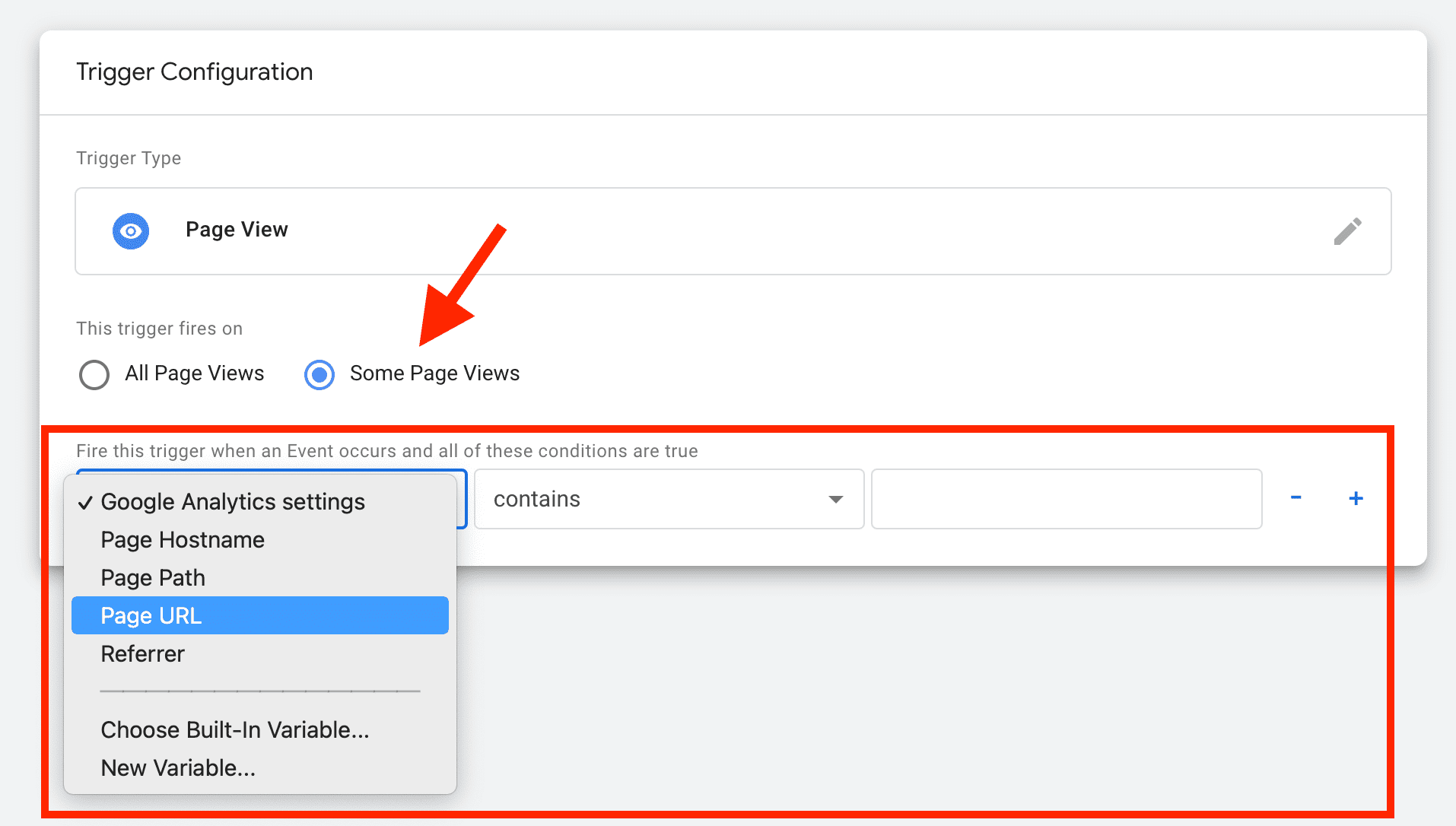 Screenshot showing trigger conditions in Google Tag Manager