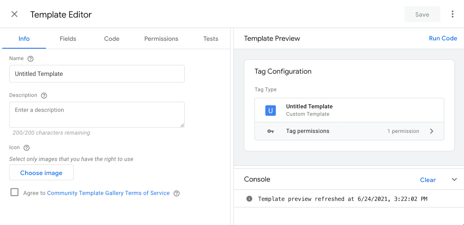 Screenshot penggunaan template kustom di Google Tag Manager
