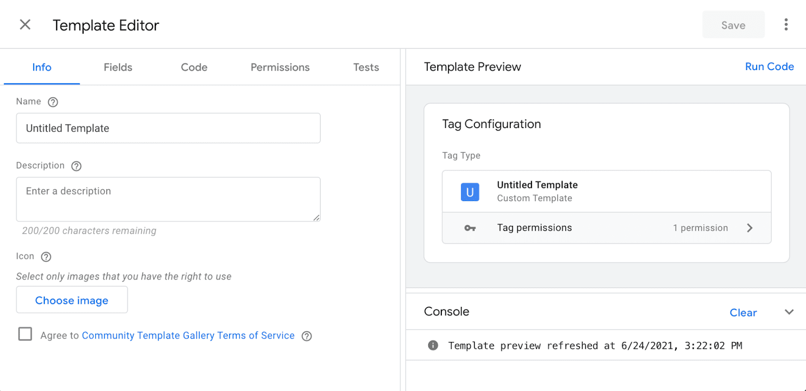 צילום מסך של השימוש בתבנית מותאמת אישית ב-Google Tag Manager