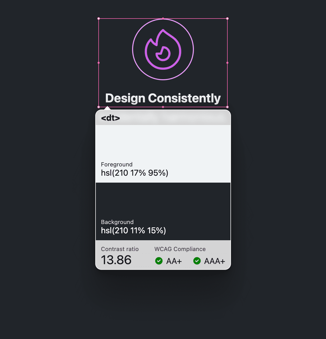 Se muestra un componente con un título y un ícono con un cuadro de límite rosa a su alrededor. Una información sobre herramientas de accesibilidad de VisBug apunta al cuadro rosa con un informe de comparación de colores del color del texto y su fondo. La proporción es de 13.86 y supera los objetivos de AA y AAA.