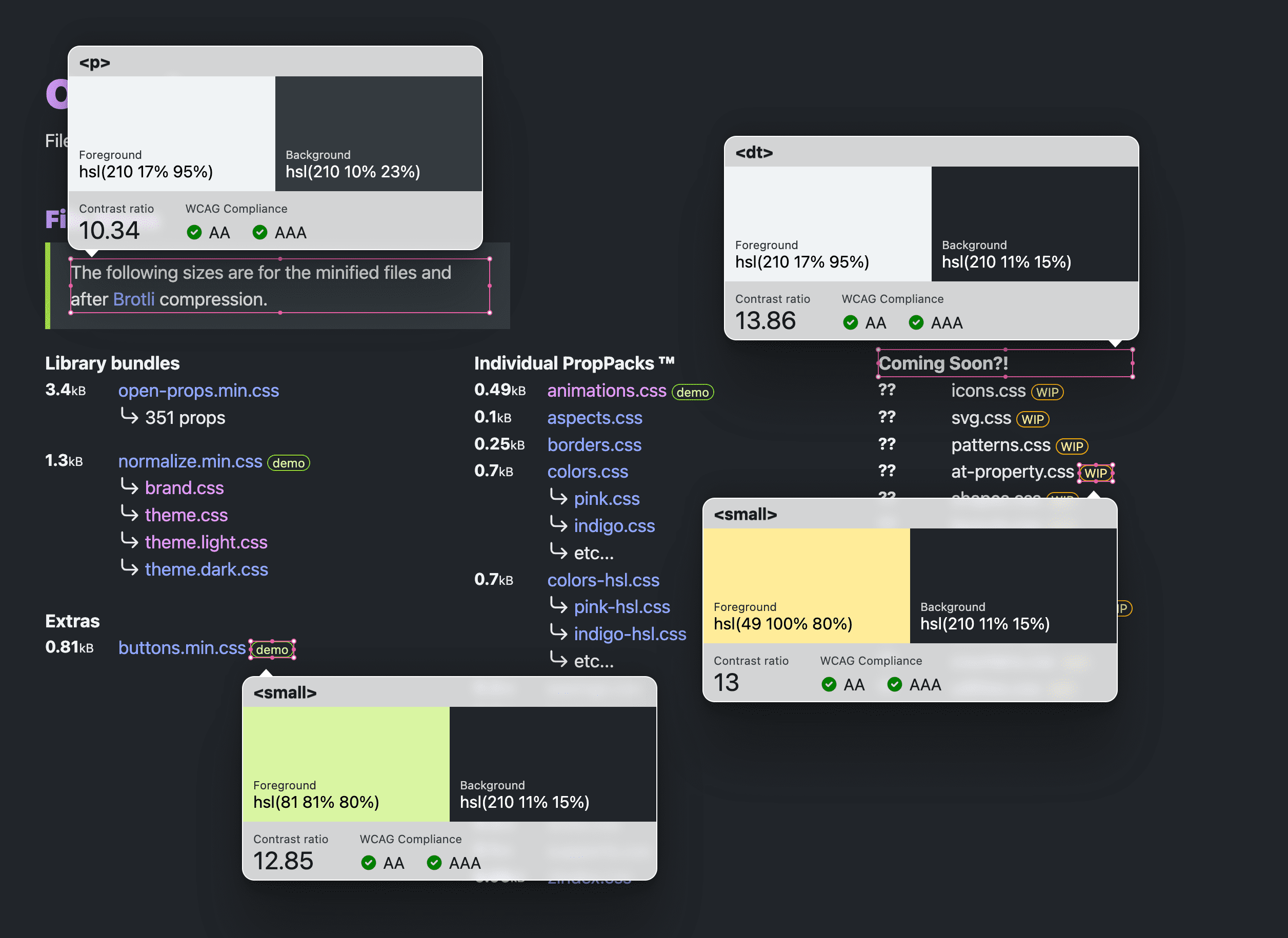 Uma lista de links em uma página da web é mostrada com várias sobreposições de acessibilidade do VisBug, cada uma apontando contextualmente para e informando os contrastes de cor de fundo e o texto descobertos.