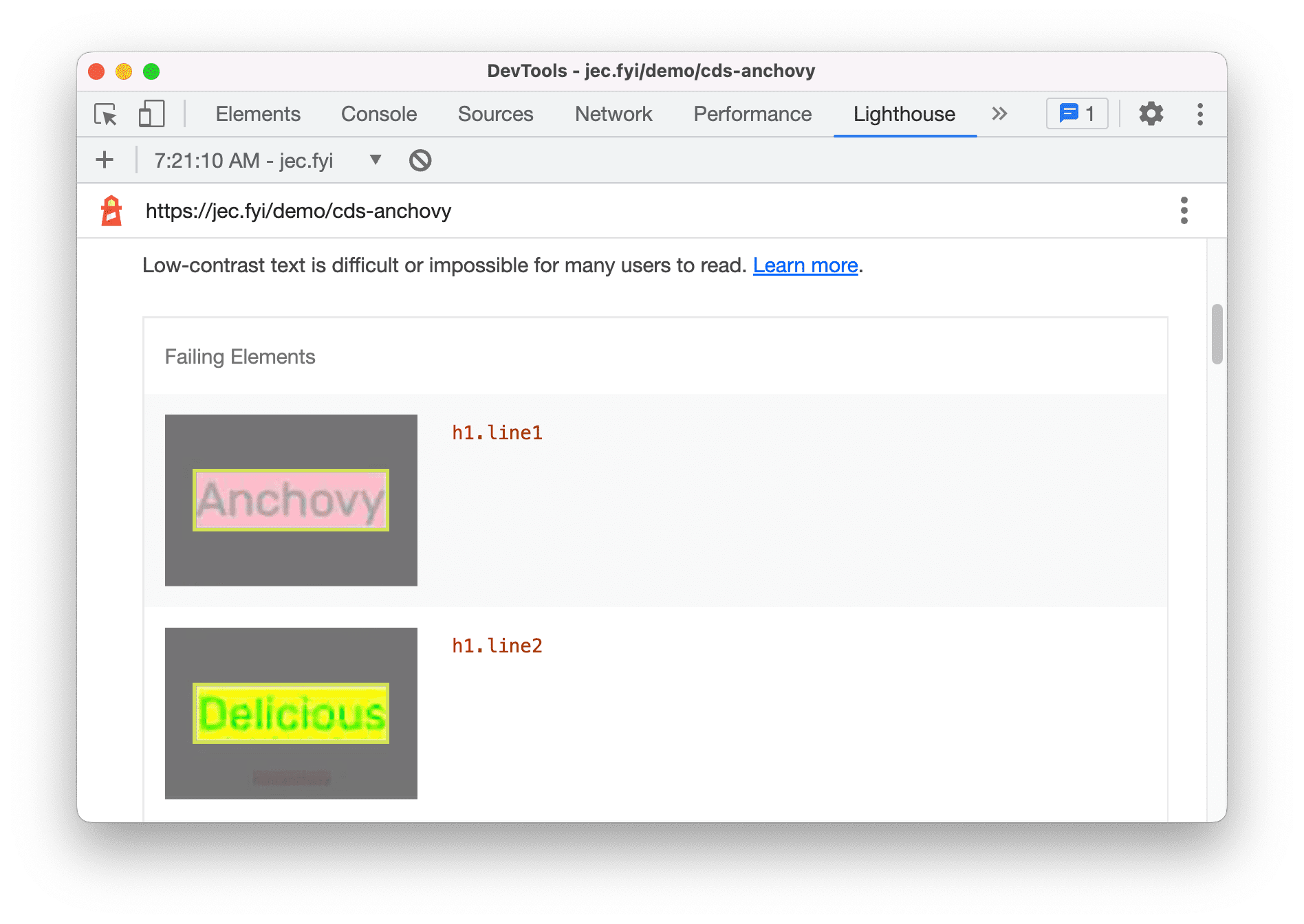 2 つの単語の色の組み合わせによる低コントラストのテキストの結果を示す Lighthouse 評価のスクリーンショット。