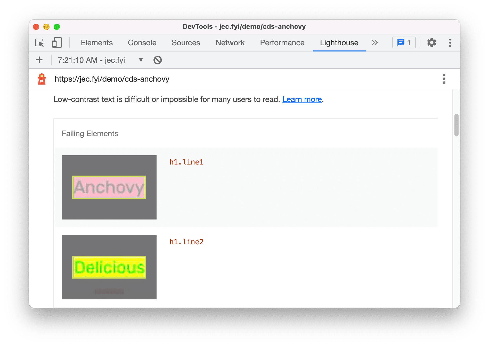 Zrzut ekranu oceny narzędzia Lighthouse z wynikami tekstu o niskim kontraście dla kombinacji kolorów 2 słów.