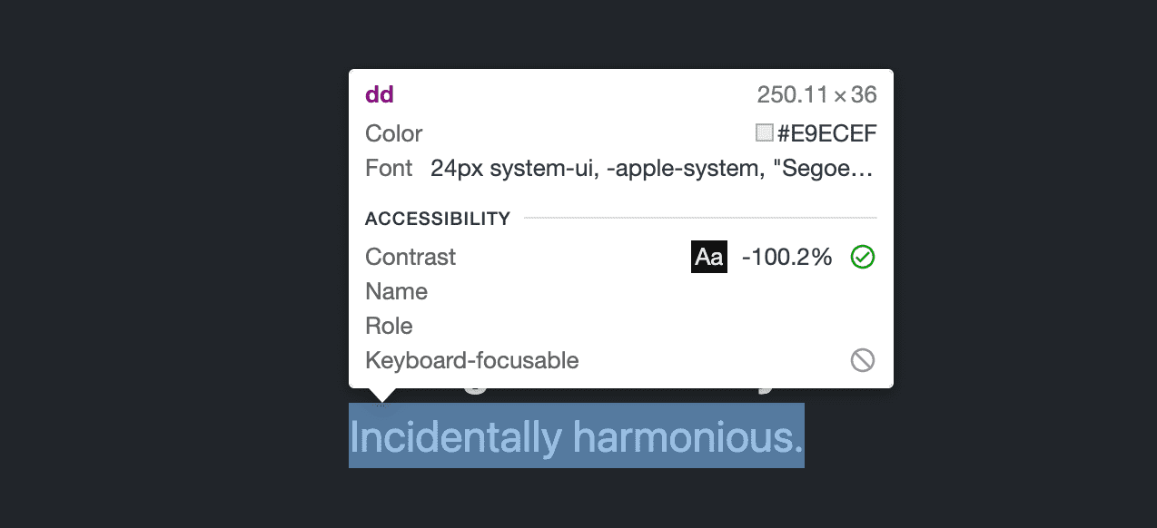 La información sobre el elemento de inspección de Herramientas para desarrolladores muestra un valor de -100.2% para la puntuación de contraste en un elemento dd.