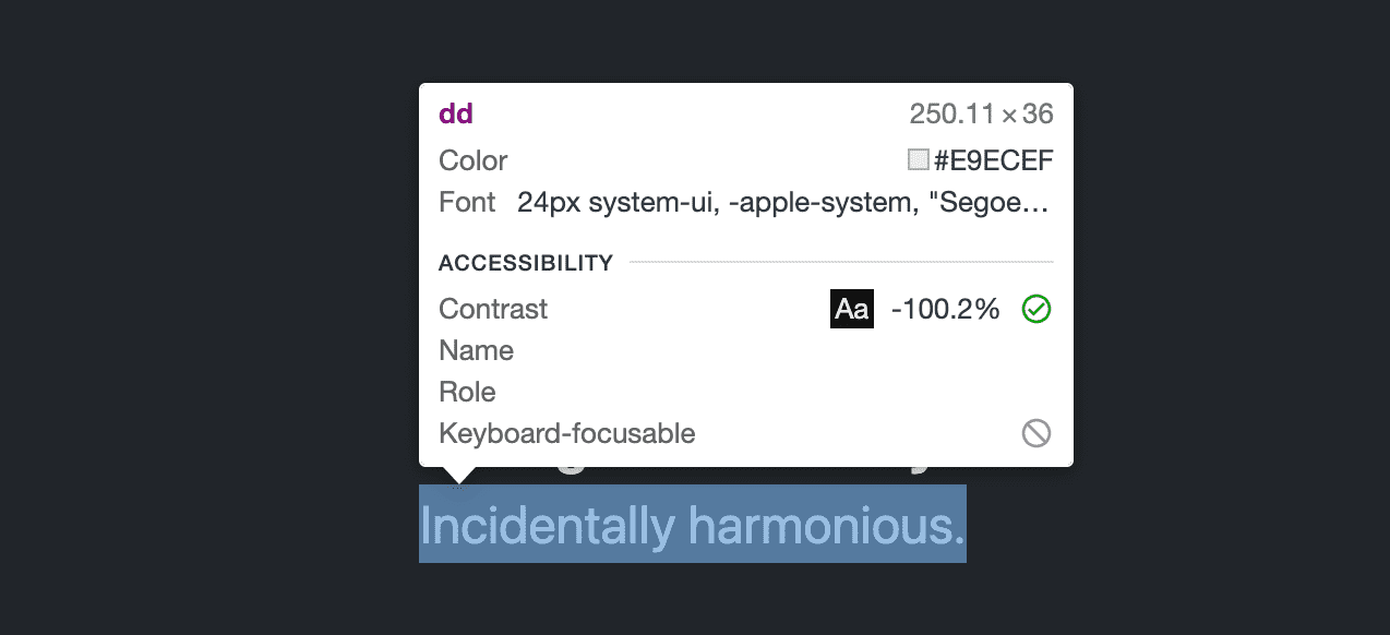 Die Kurzinfo zum Prüfen von Elementen der Entwicklertools zeigt für den Kontrastwert eines dd-Elements einen Wert von -100,2% an.