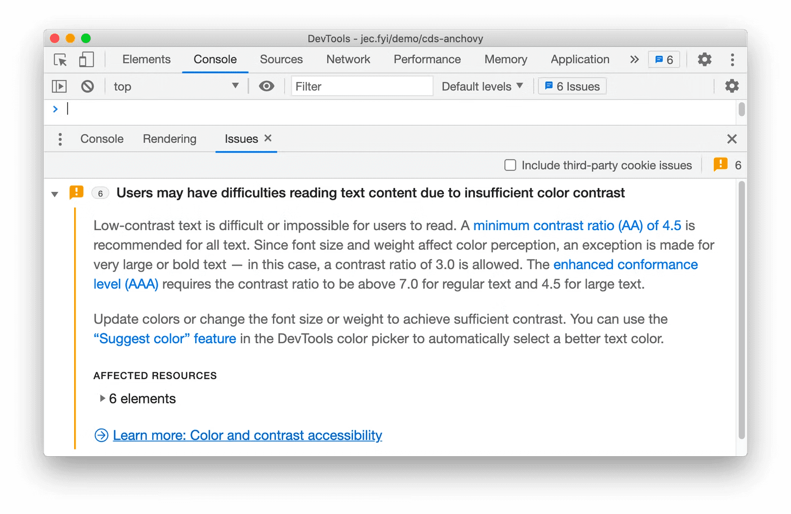 Console&#39;daki Sorunlar panelinin ekran görüntüsünde, kontrastla ilgili 6 hata bildiriliyor.