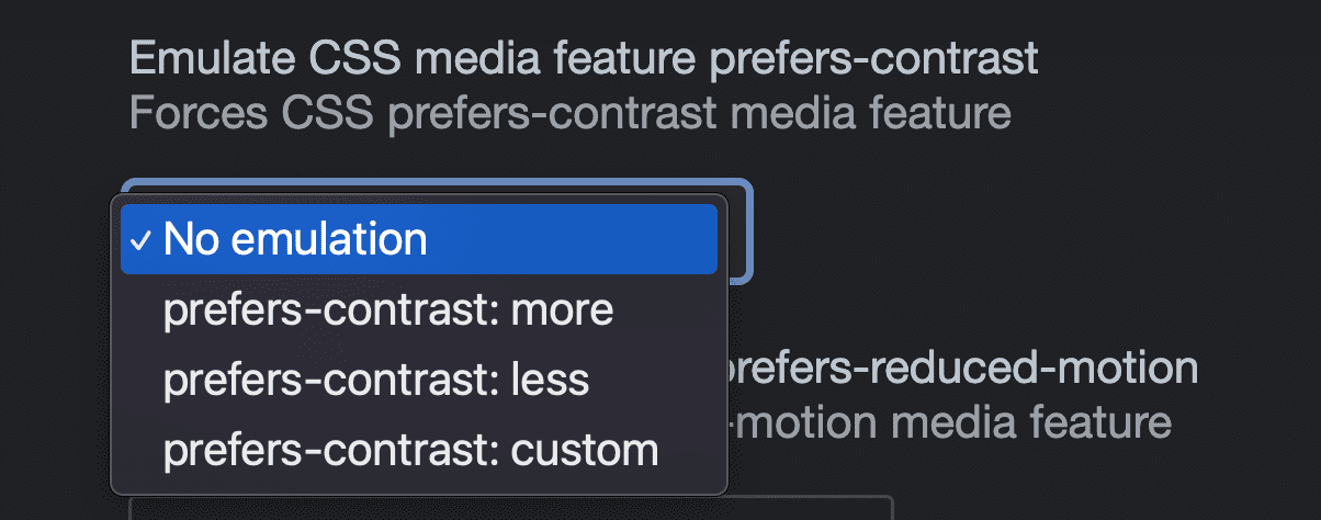 Capture d&#39;écran des options dans les outils de développement d&#39;émulation pour émuler la requête multimédia CSS prefers-contrast : aucune émulation, plus, moins, personnalisée.