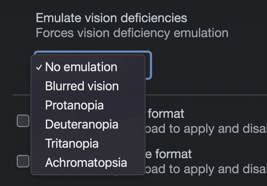 Screenshot of the options in the emulation DevTools for emulating vision deficiencies: no emulation, blurred vision, protanopia, deuteranopia, tritanopia, achromatopsia.