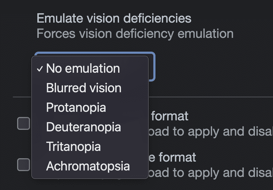 Zrzut ekranu z opcjami w narzędziu DevTools do emulacji wad wzroku: brak emulacji, niewyraźne widzenie, protanopia, deuteranopia, tritanopia, achromatopsja.